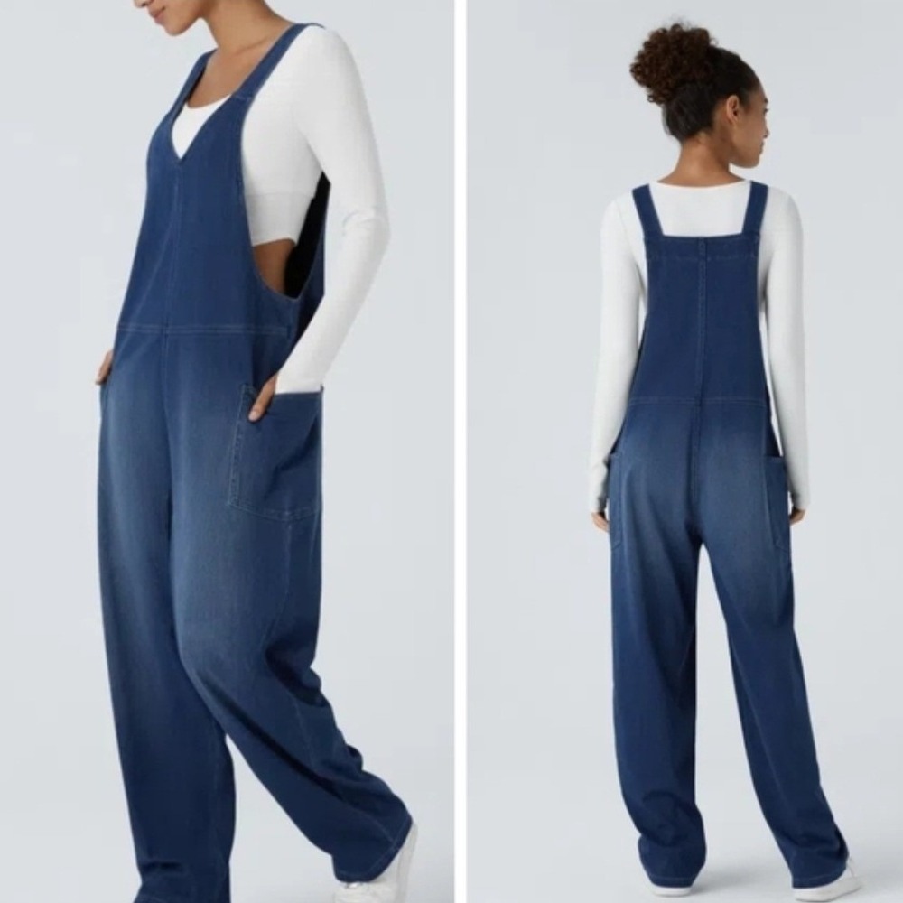 Halara Womens Denim Overalls Medium Wash V-Neck Stretch Pockets Size M Regular